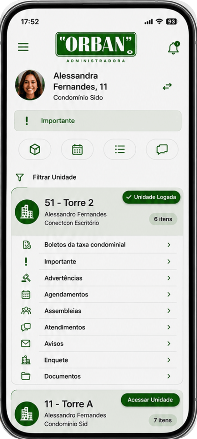 Tela inicial do aplicativo ORBAN em um celular, com boletos, agendamentos, assembleias e documentos do condomínio